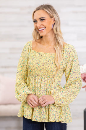 Pastel Yellow Ditsy Floral Smocked Bodice Top - Filly Flair