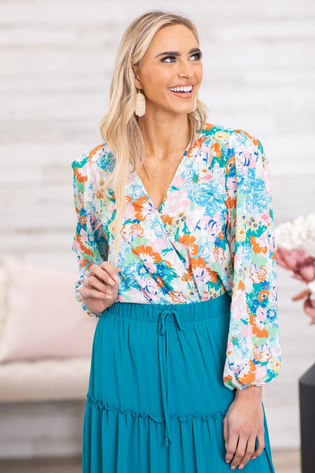 Aqua and Orange Floral Surplice Front Bodysuit - Filly Flair