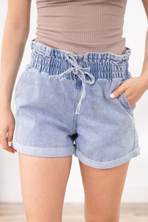 Light Wash Cuffed Elastic Waist Pull On Shorts - Filly Flair