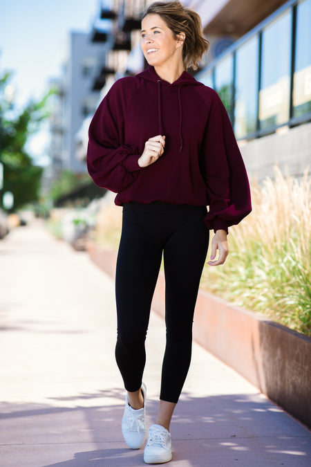 Burgundy Raglan Sleeve Hooded Sweatshirt - Filly Flair