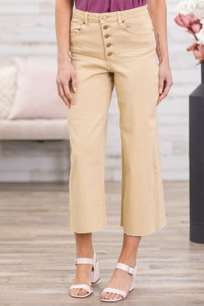 Tan Wide Leg Button Fly Trouser Pants - Filly Flair