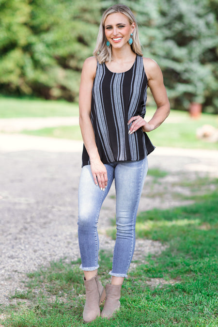 Black and Grey Stripe Criss-Cross Back Tank - Filly Flair