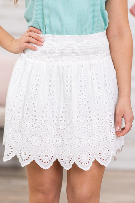 Off White Laser Cut Detail Smocked Waist Skirt - Filly Flair