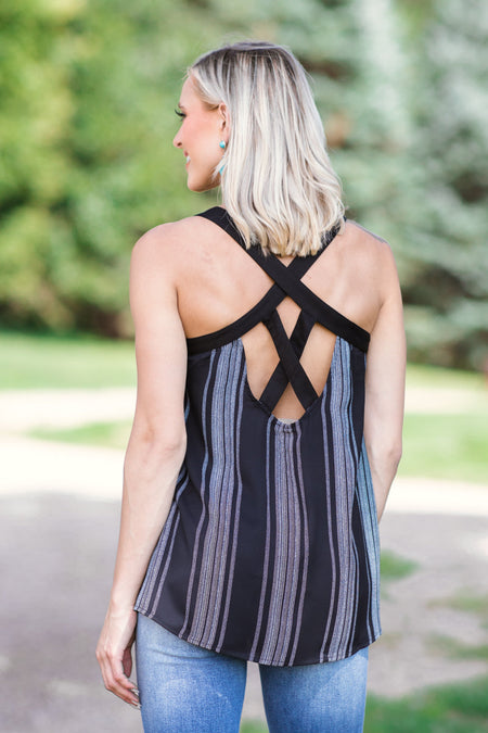 Black and Grey Stripe Criss-Cross Back Tank - Filly Flair