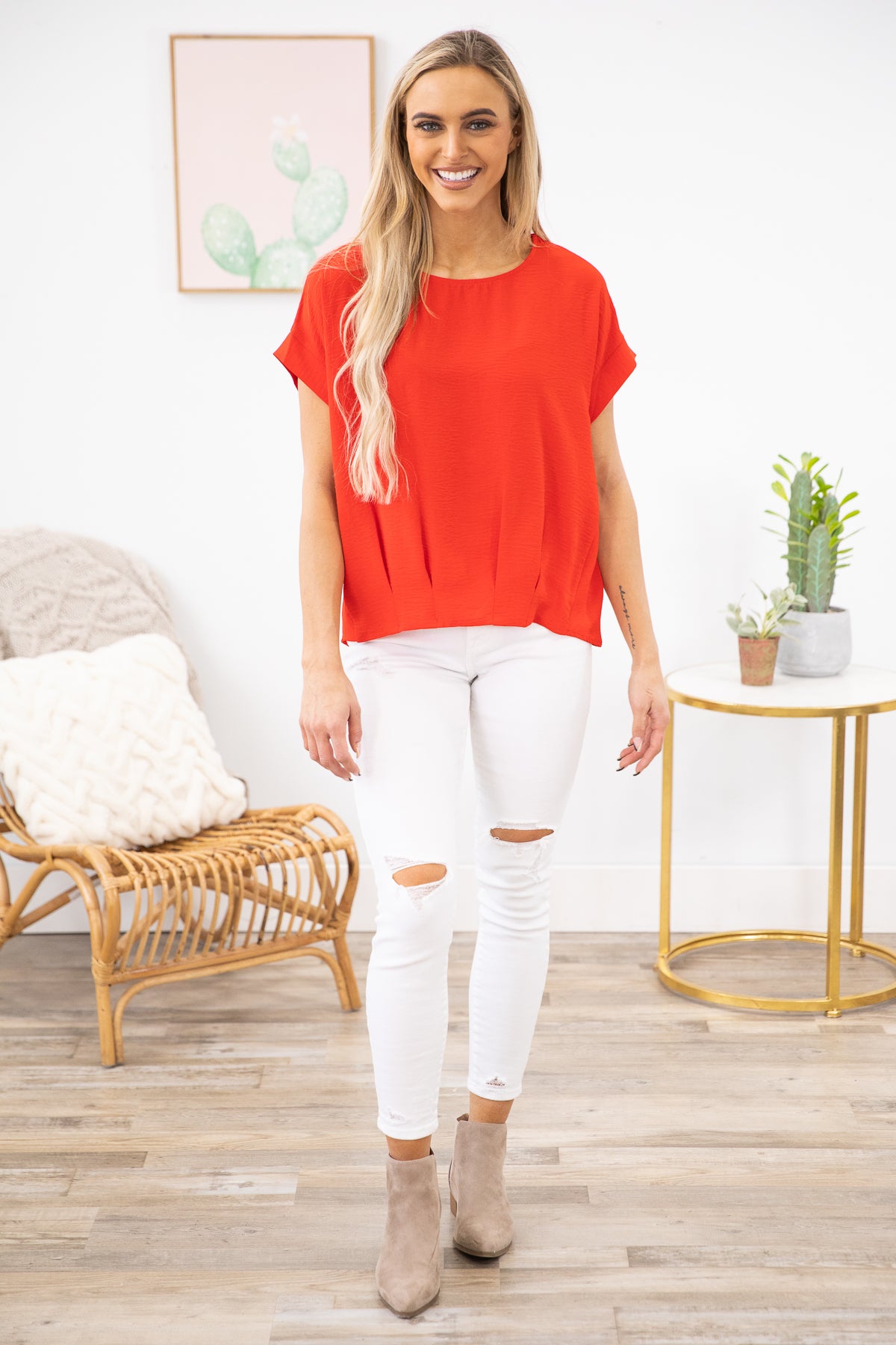 Red Gathered Front Dolman Sleeve Top - Filly Flair