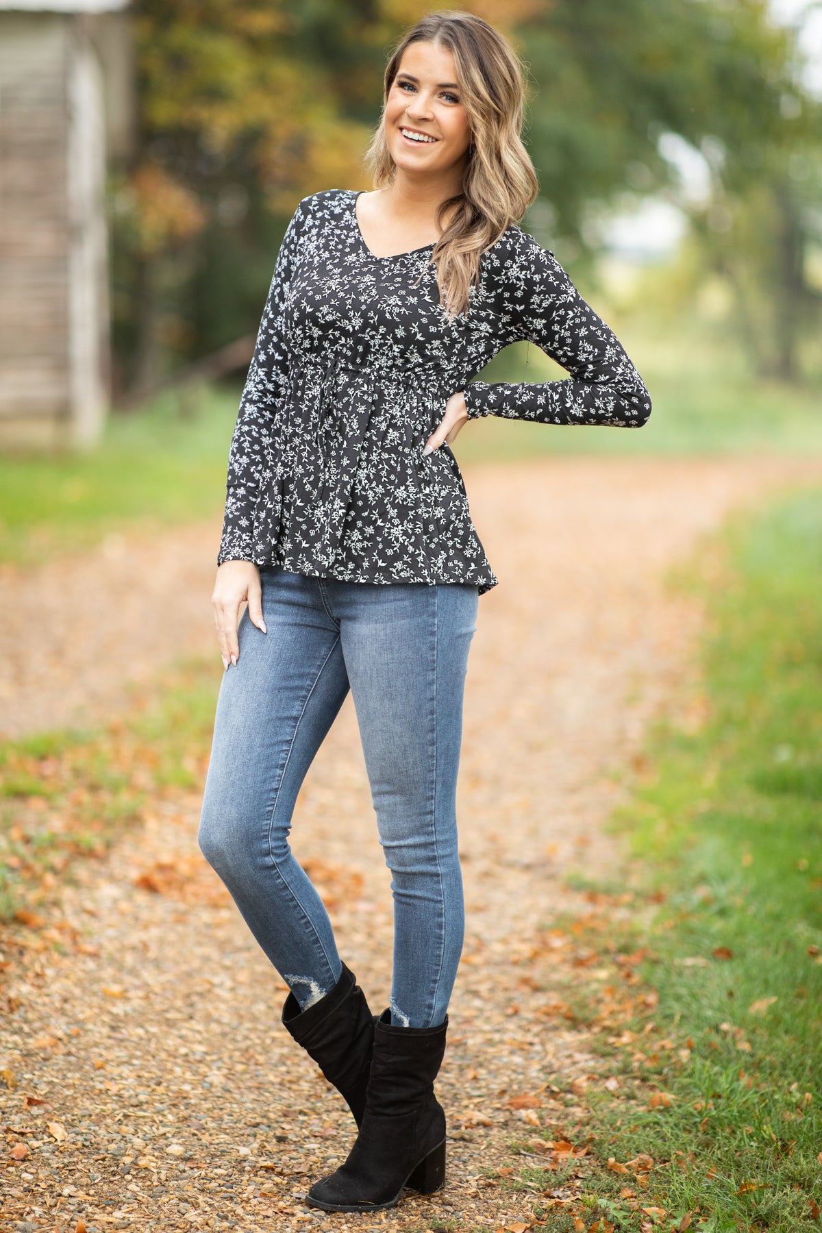 Black and White Tie Waist Floral Print Top - Filly Flair