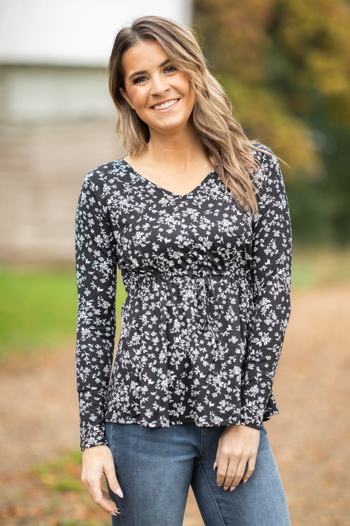 Black and White Tie Waist Floral Print Top - Filly Flair