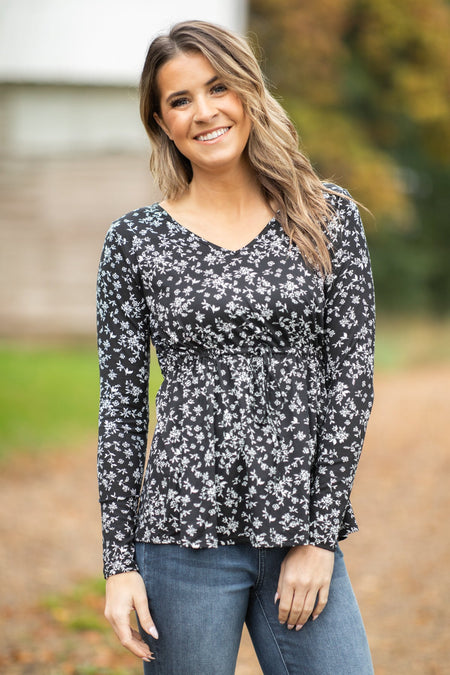 Black and White Tie Waist Floral Print Top - Filly Flair