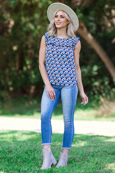 Blue Multicolor Geometric Ruffle Trim Top - Filly Flair