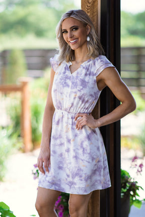 Purple and Ivory Tie Dye Elastic Waist Dress - Filly Flair