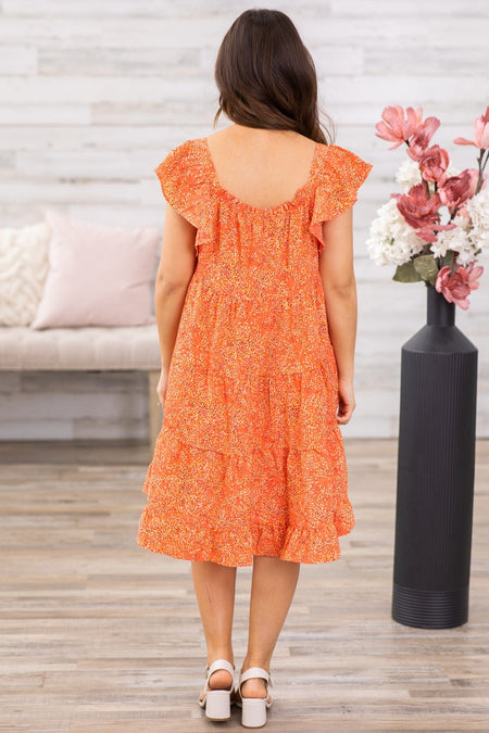 Orange Ditsy Floral Flutter Sleeve Dress - Filly Flair