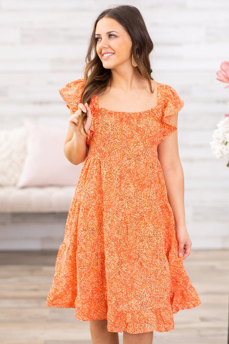 Orange Ditsy Floral Flutter Sleeve Dress - Filly Flair