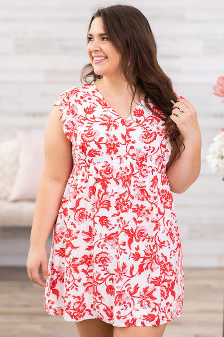 Red and Off White Floral V-Neck Dress - Filly Flair