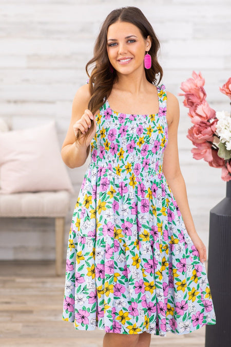 Pink Multicolor Floral Smocked Bodice Dress - Filly Flair