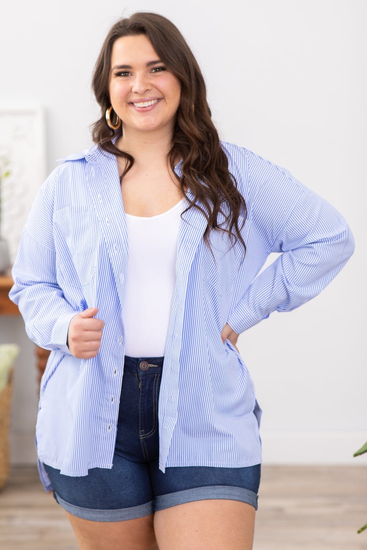 Pastel Blue and White Pinstripe Button Up Top - Filly Flair