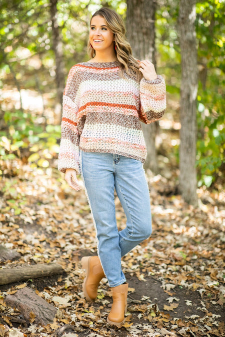 Brown Multicolor Heathered Stripe Sweater - Filly Flair