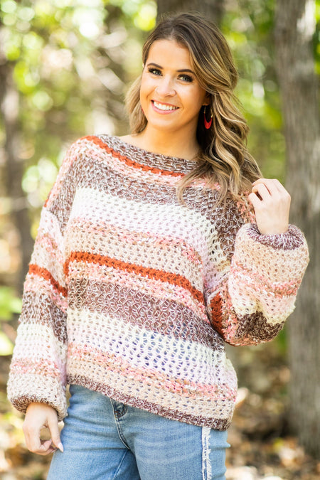 Brown Multicolor Heathered Stripe Sweater - Filly Flair