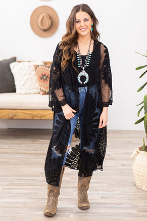 Black Lace Mid Length Kimono - Filly Flair