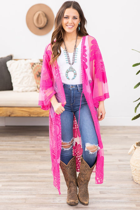 Fuchsia Lace Mid Length Kimono - Filly Flair