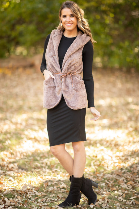 Brown Faux Fur Vest With Tie Waist - Filly Flair