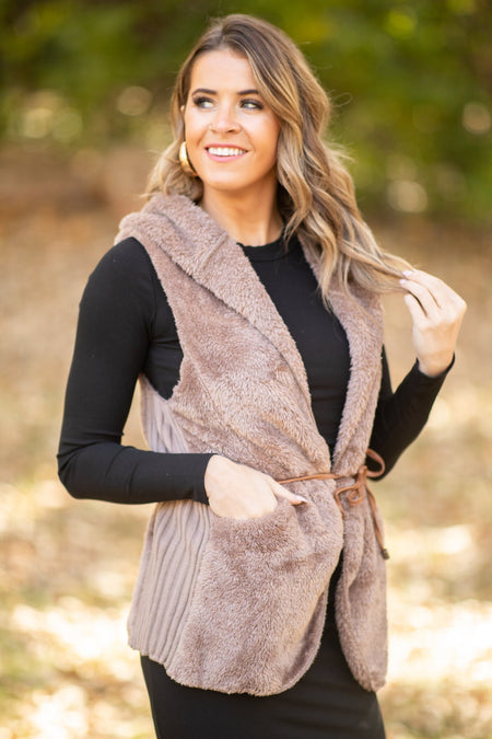 Brown Faux Fur Vest With Tie Waist - Filly Flair