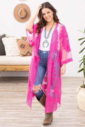 Fuchsia Lace Mid Length Kimono - Filly Flair