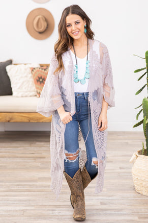 Light Grey Lace Mid Length Kimono - Filly Flair