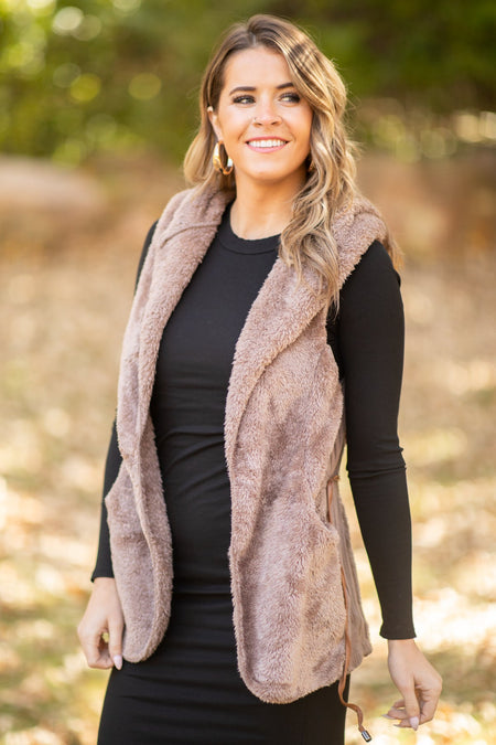 Brown Faux Fur Vest With Tie Waist - Filly Flair