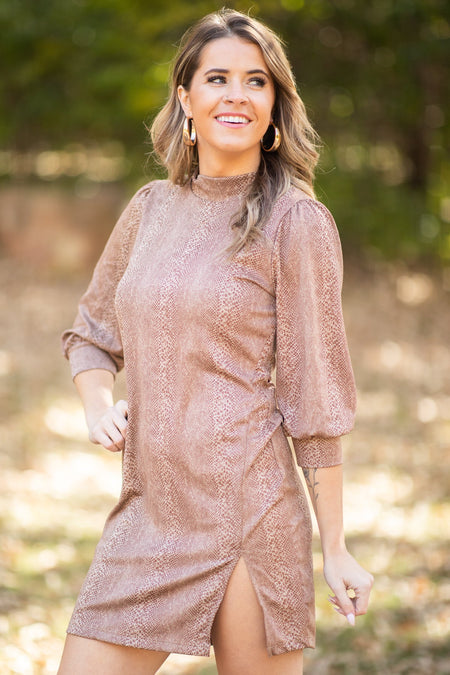 Brown Animal Print Dress With Side Slit - Filly Flair