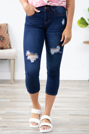 Dark Wash Distressed Capris - Filly Flair