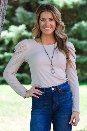 Beige Puff Sleeve Rib Knit Top - Filly Flair