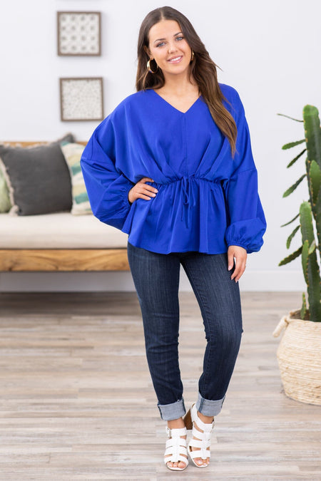 Cobalt V-Neck Peplum Top With Tie Detail - Filly Flair