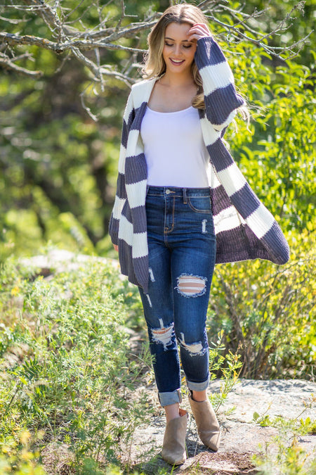 White/Grey Striped Cardigan - Filly Flair