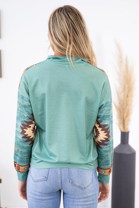 Turquoise Multicolor Aztec Print 1/4 Zip Top - Filly Flair