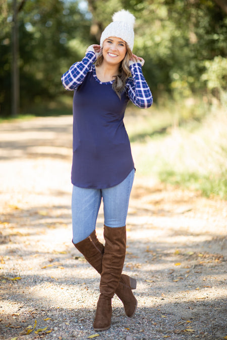 Navy Plaid Sleeve Top - Filly Flair