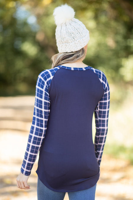 Navy Plaid Sleeve Top - Filly Flair