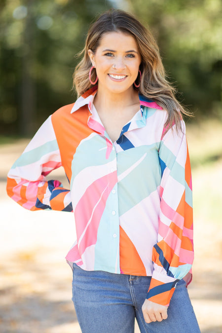 Pink and Orange Multicolor Geometric Print Top - Filly Flair