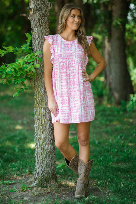 White and Pink Boho Print Ruffle Trim Dress - Filly Flair