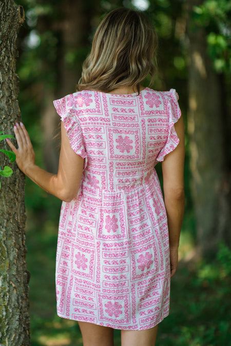 White and Pink Boho Print Ruffle Trim Dress - Filly Flair