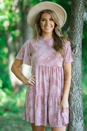 Dusty Rose Bandana Print Knit Dress - Filly Flair