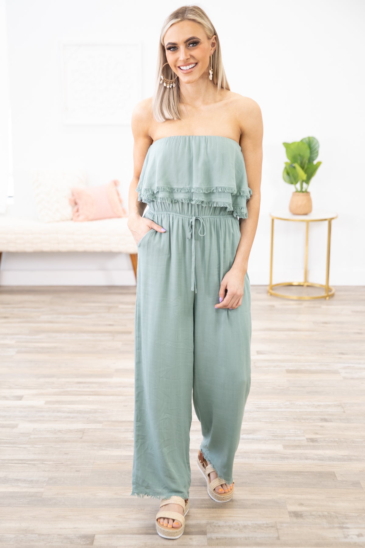 Sage Strapless Fray Trim Jumpsuit - Filly Flair