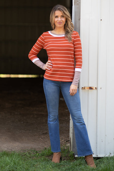 Burnt Orange and White Stripe Rib Knit Top - Filly Flair