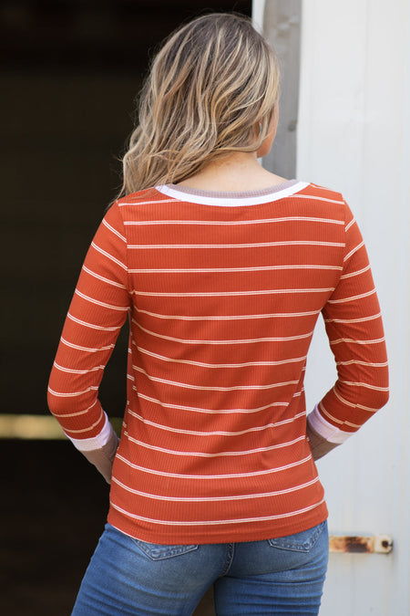 Burnt Orange and White Stripe Rib Knit Top - Filly Flair