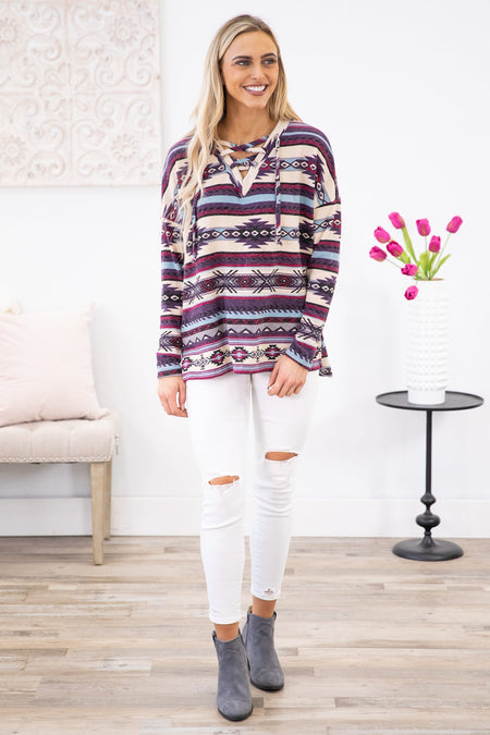 Purple Aztec Print Lace Up Front Top - Filly Flair