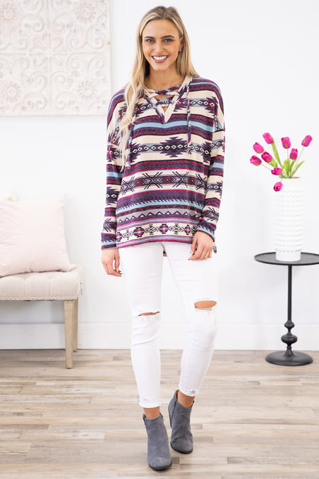 Purple Aztec Print Lace Up Front Top - Filly Flair