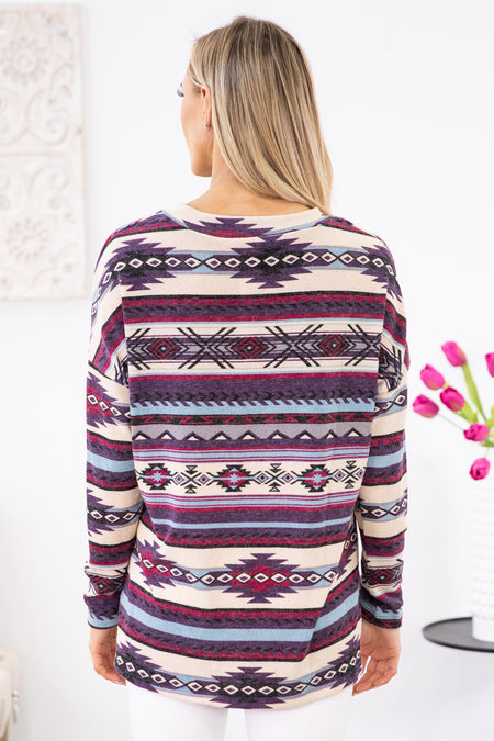 Purple Aztec Print Lace Up Front Top - Filly Flair