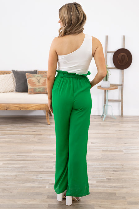 Jade and White Tie Waist One Shoulder Jumpsuit - Filly Flair