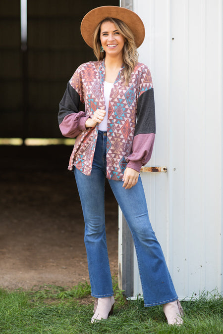 Terra Cotta Multicolor Aztec Print Cardigan - Filly Flair