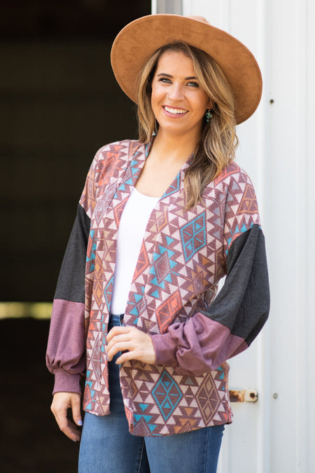 Terra Cotta Multicolor Aztec Print Cardigan - Filly Flair