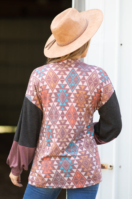 Terra Cotta Multicolor Aztec Print Cardigan - Filly Flair